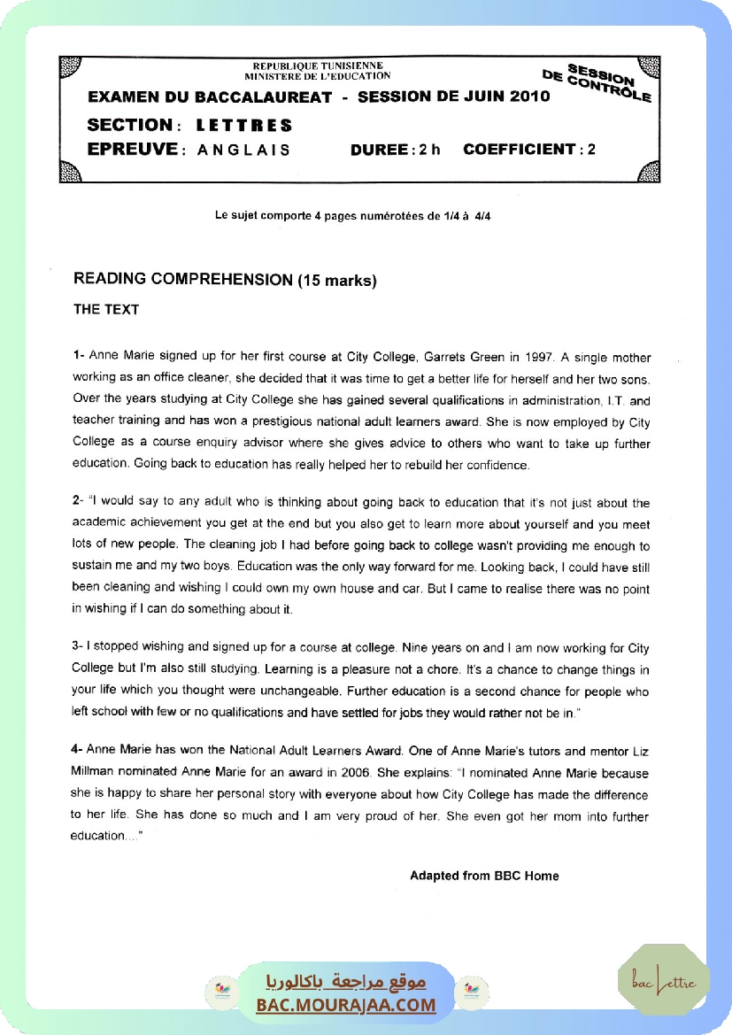 Sujet controle anglais Bac 2010 – Section lettre